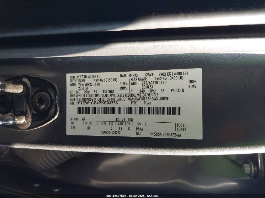 2023 Ford F150 Lariat/Xl/Xlt VIN: 1FTEW1CP4PKE0378 Lot: 42407586