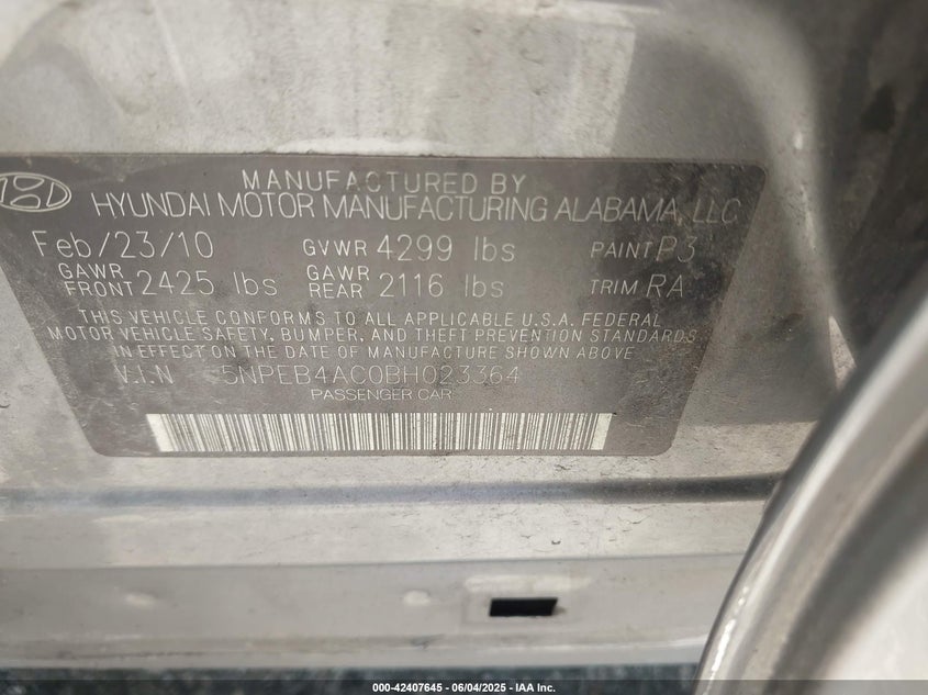 2011 HYUNDAI SONATA VIN: 5NPEB4AC0BH023364