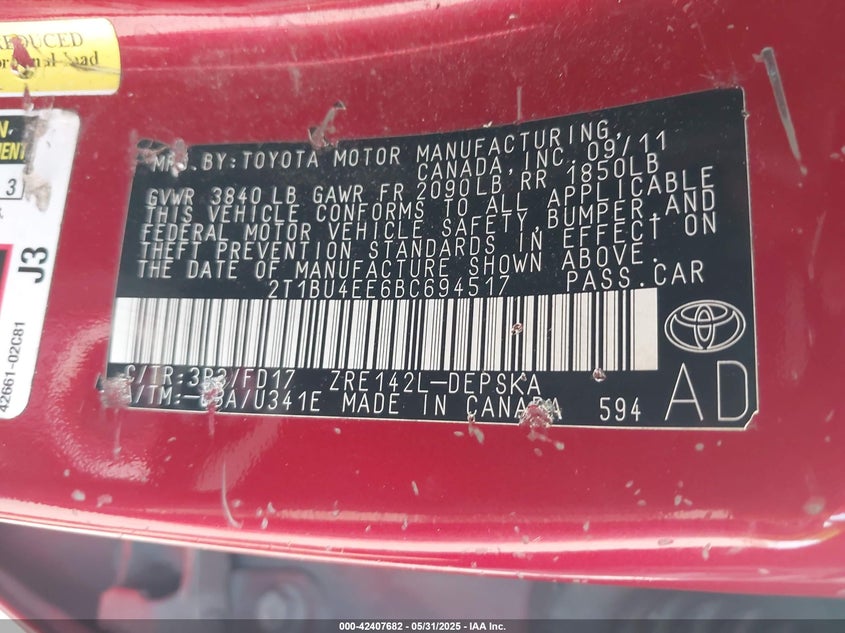 2011 TOYOTA COROLLA VIN: 2T1BU4EE6BC694517