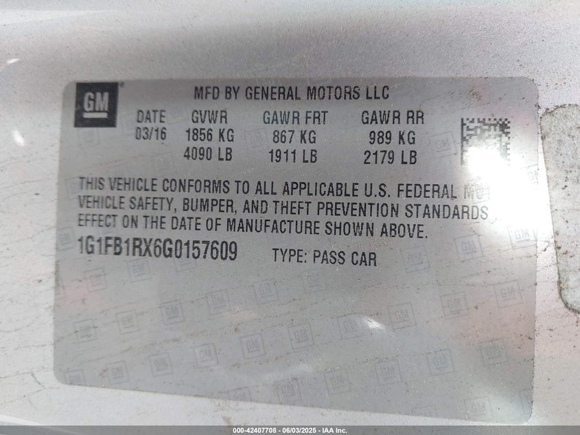 2016 CHEVROLET CAMARO VIN: 1G1FB1RX6G0157609