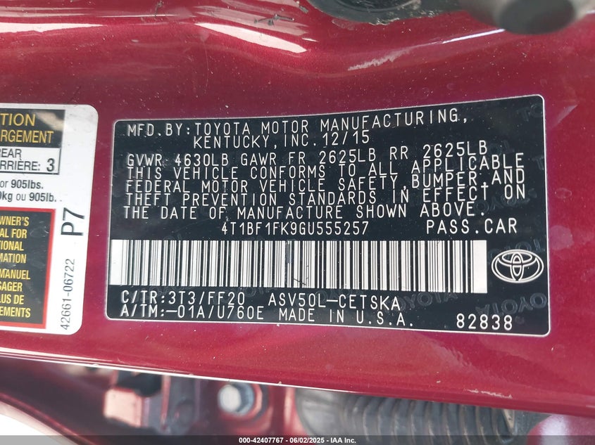 2016 TOYOTA CAMRY VIN: 4T1BF1FK9GU555257