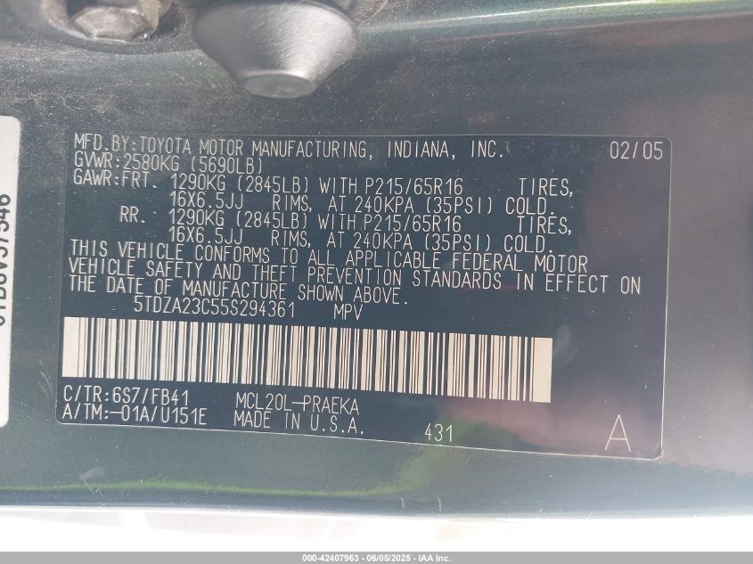 2005 Toyota Sienna Le VIN: 5TDZA23C55S294361 Lot: 42407963