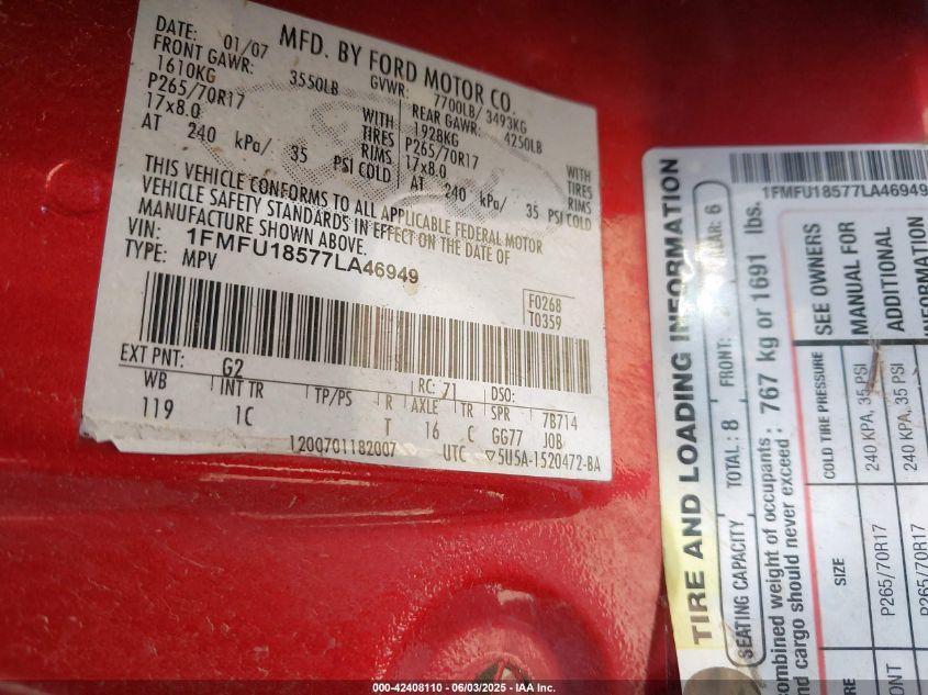 2007 Ford Expedition Eddie Bauer VIN: 1FMFU18577LA46949 Lot: 42408110