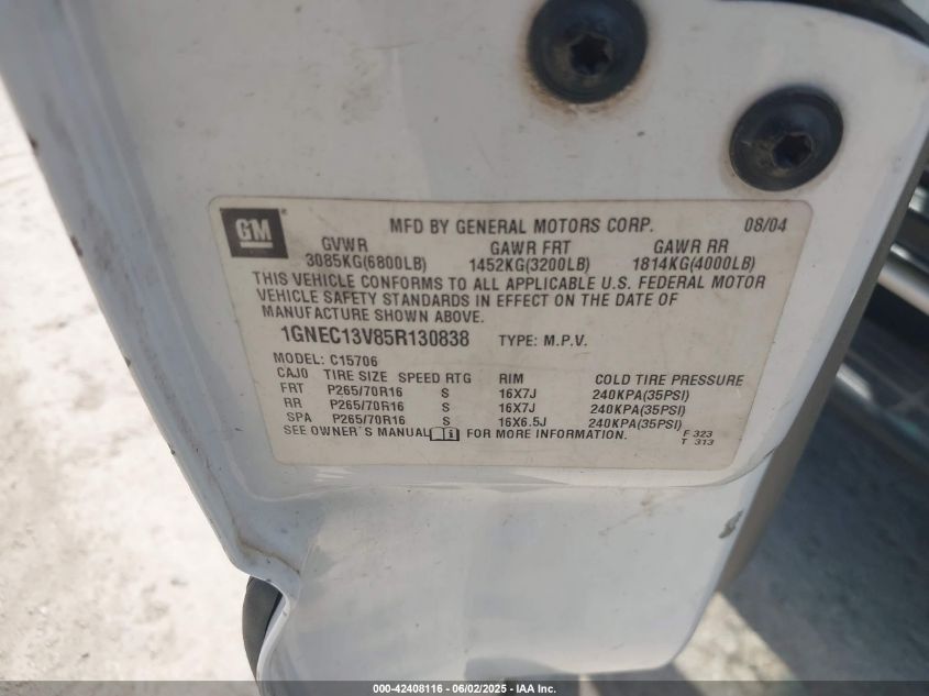 2005 Chevrolet Tahoe Ls VIN: 1GNEC13V85R130838 Lot: 42408116