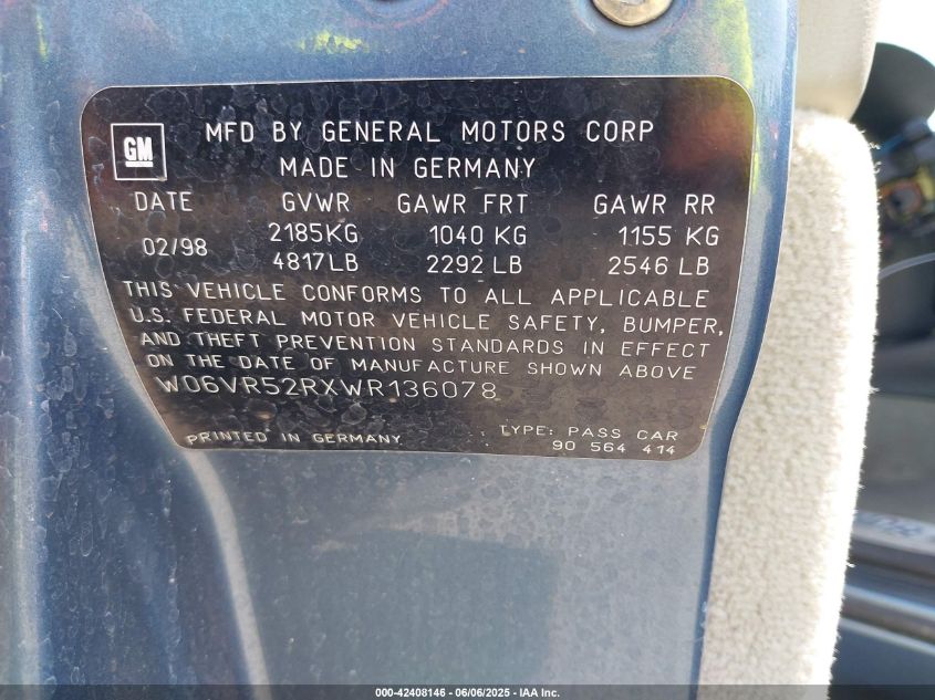 1998 Cadillac Catera Standard VIN: W06VR52RXWR136078 Lot: 42408146