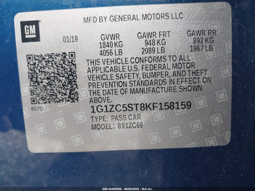 2019 CHEVROLET MALIBU VIN: 1G1ZC5ST8KF158159