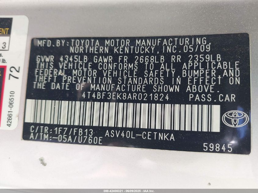 2010 Toyota Camry Le VIN: 4T4BF3EK8AR021824 Lot: 42408321