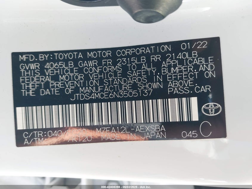 2022 TOYOTA COROLLA VIN: JTDS4MCE6N3505137