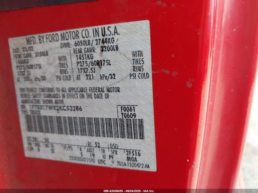 2002 Ford F-150 Lariat/Xl/Xlt VIN: 1FTRX17WX2KC53286 Lot: 42408455