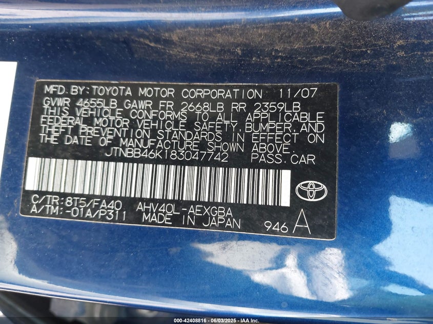 2008 TOYOTA CAMRY HYBRID VIN: JTNBB46K183047742