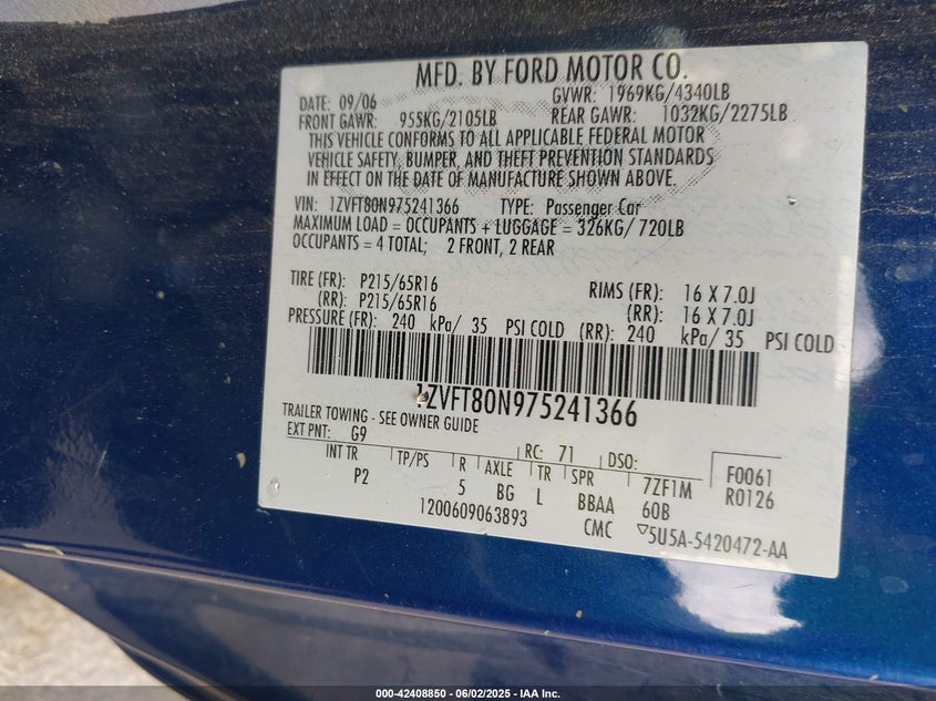 2007 FORD MUSTANG VIN: 1ZVFT80N975241366