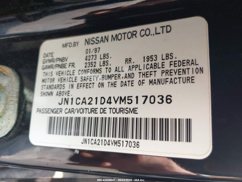 1997 Nissan Maxima Gle/Gxe/Se VIN: JN1CA21D4VM517036 Lot: 42409047