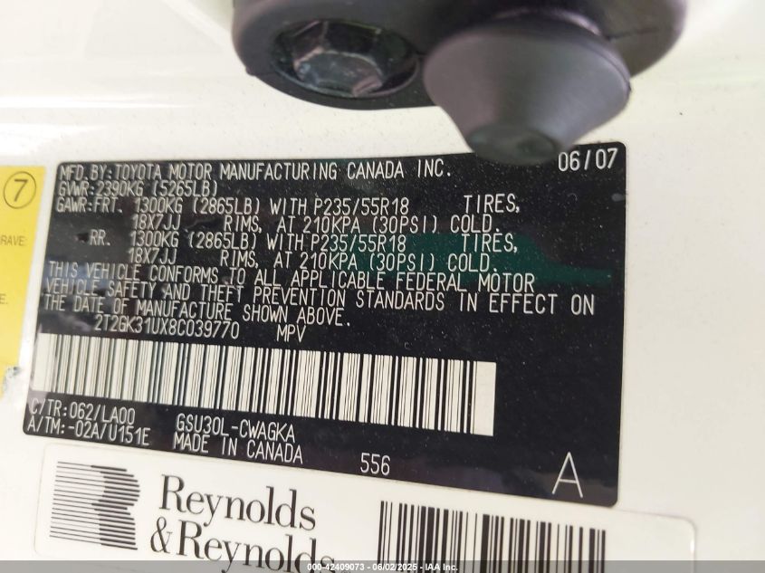 2008 Lexus Rx 350 VIN: 2T2GK31UX8C039770 Lot: 42409073