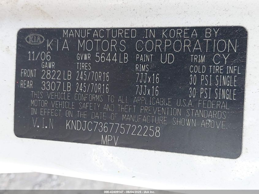 2007 Kia Sorento Lx VIN: KNDJC736775722258 Lot: 42409147