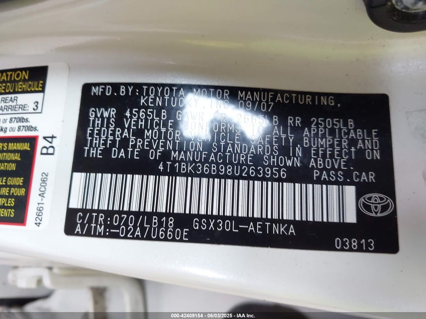 2008 TOYOTA AVALON VIN: 4T1BK36B98U263956