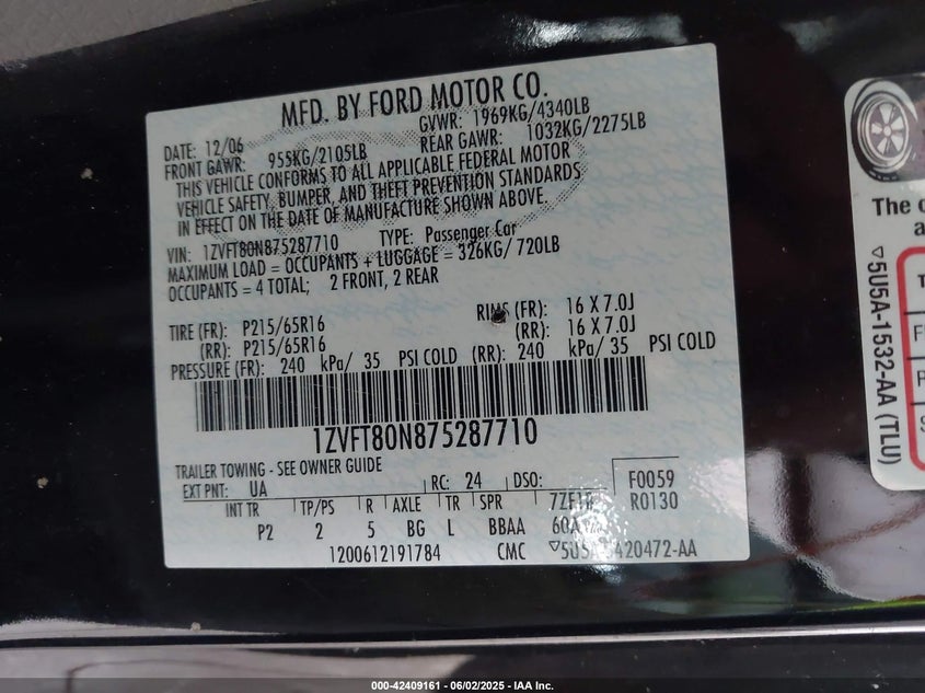 2007 FORD MUSTANG VIN: 1ZVFT80N875287710