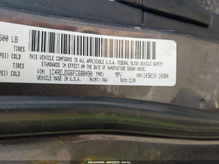 2015 Dodge Durango Limited VIN: 1C4RDJDG6FC688490 Lot: 42409255