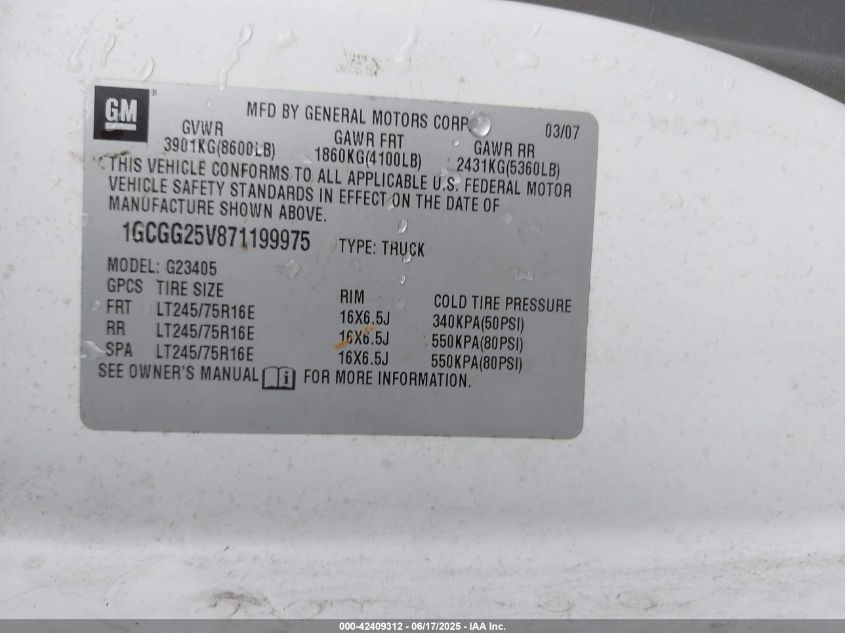 2007 Chevrolet Express Work Van VIN: 1GCGG25V871199975 Lot: 42409312