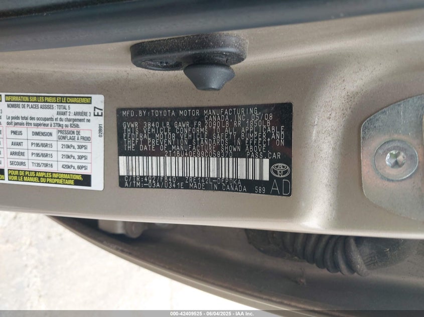 2009 TOYOTA COROLLA VIN: 2T1BU40E99C058370