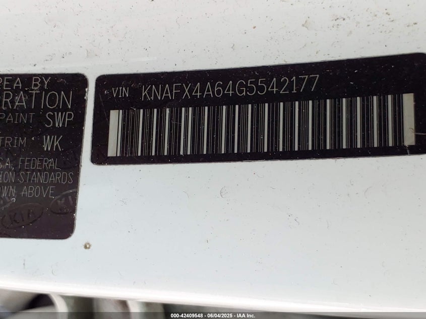 2016 KIA FORTE VIN: KNAFX4A64G5542177