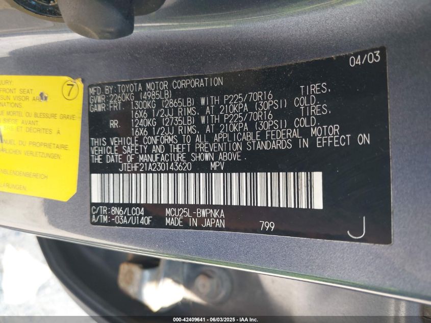2003 Toyota Highlander Limited V6 VIN: JTEHF21A230143620 Lot: 42409641