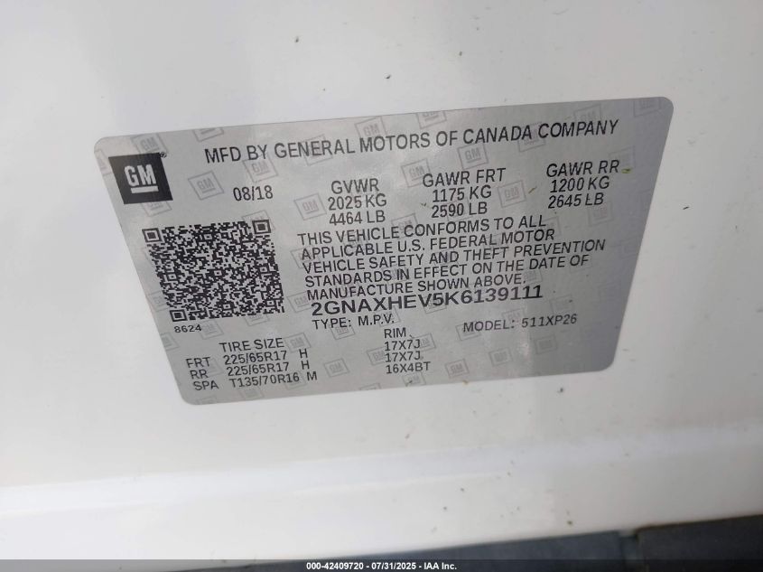 2019 Chevrolet Equinox Ls VIN: 2GNAXHEV5K6139111 Lot: 42409720