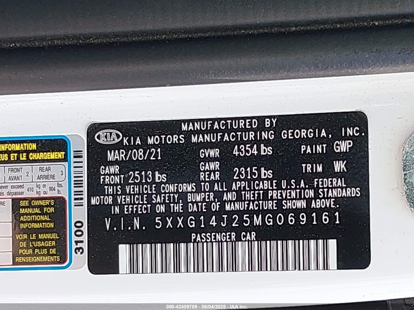 2021 KIA K5 LXS - 5XXG14J25MG069161