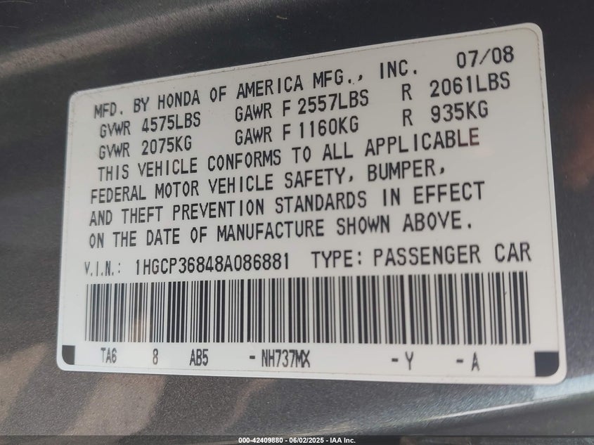 2008 Honda Accord 3.5 Ex-L VIN: 1HGCP36848A086881 Lot: 42409880