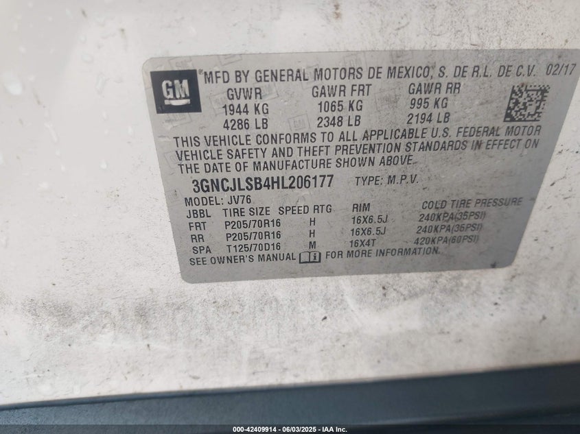 2017 CHEVROLET TRAX LT - 3GNCJLSB4HL206177