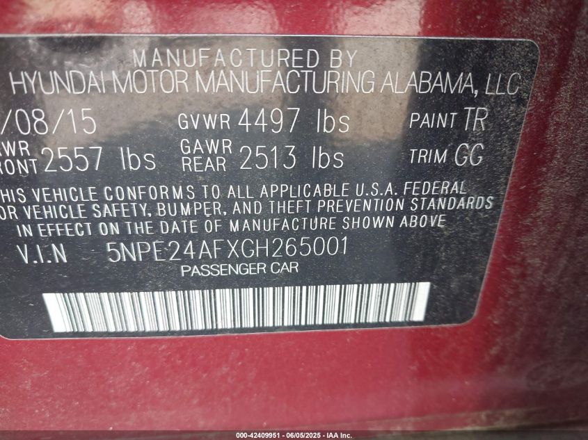 2016 Hyundai Sonata Se/Sport VIN: 5NPE24AFXGHGH2650 Lot: 42409951