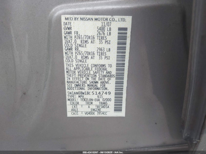 2008 NISSAN XTERRA VIN: 5N1AN08W18C514749