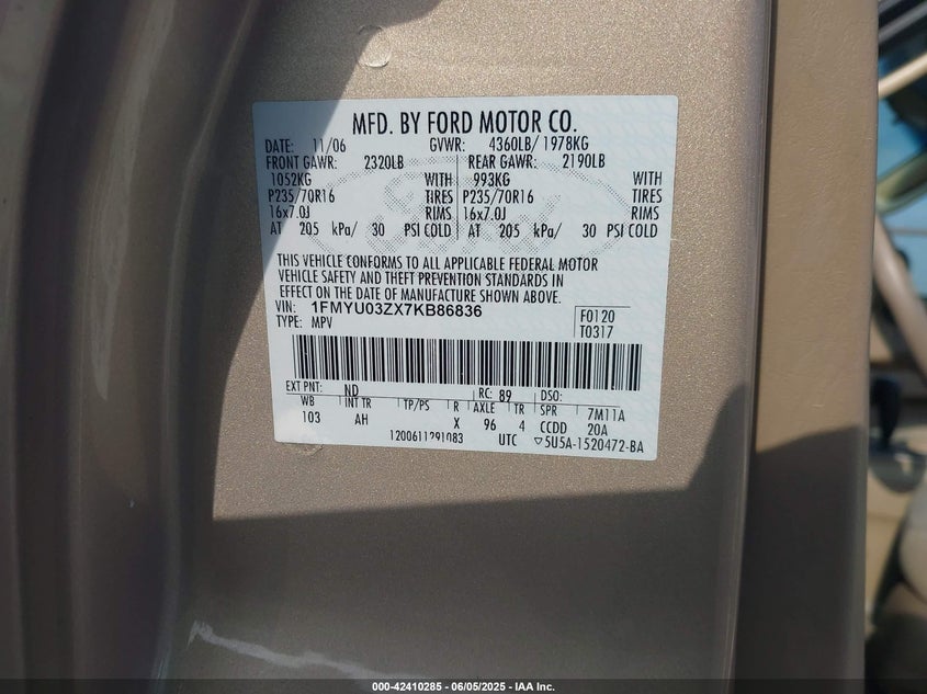 2007 FORD ESCAPE VIN: 1FMYU03ZX7KB86836