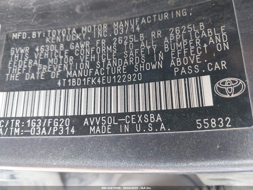 2014 TOYOTA CAMRY VIN: 4T1BD1FK4EU122920