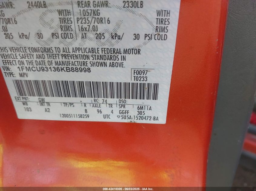 2006 Ford Escape VIN: 1FMCU9316KB88998 Lot: 42410306