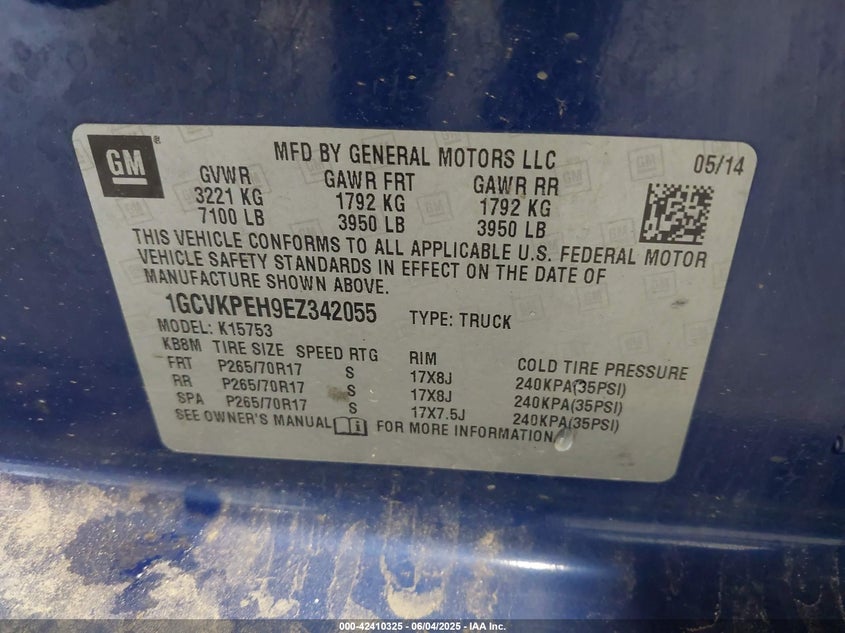 2014 CHEVROLET SILVERADO 1500 VIN: 1GCVKPEH9EZ342055