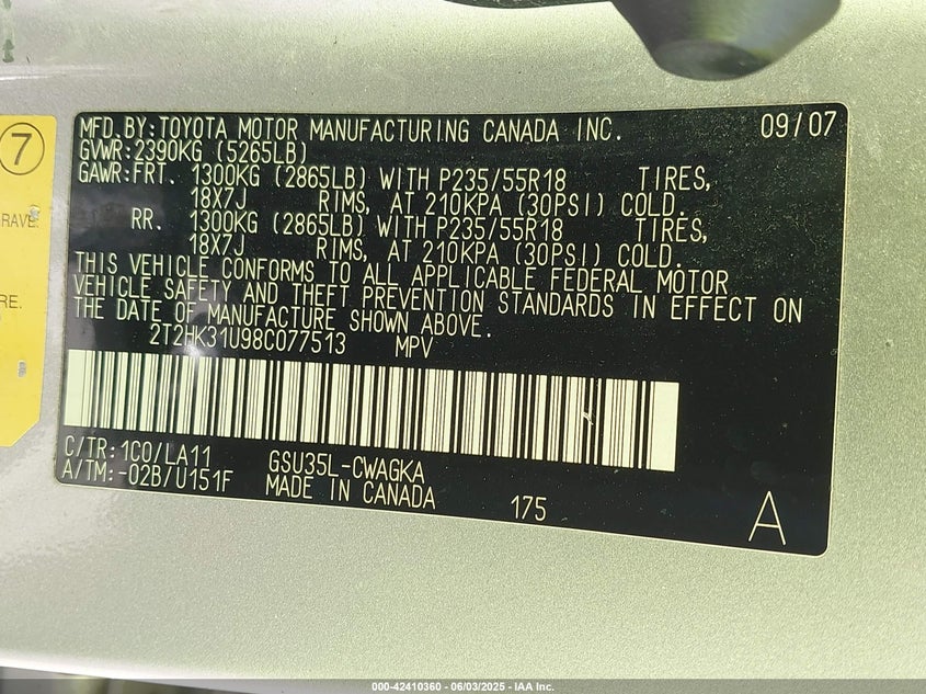 2008 Lexus Rx 350 VIN: 2T2HK31U98C077513 Lot: 42410360