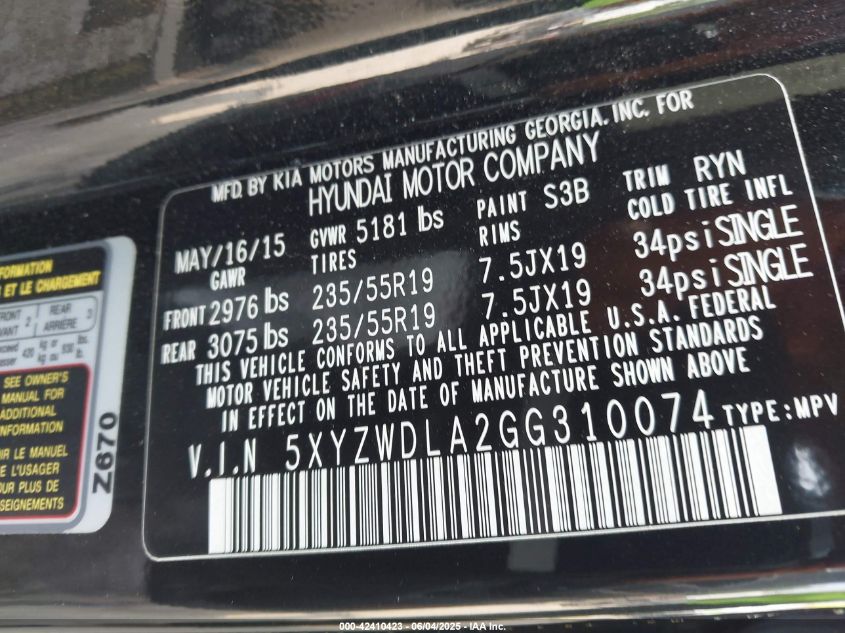 2016 Hyundai Santa Fe Sport 2.0L Turbo VIN: 5XYZWDLA2GG310074 Lot: 42410423