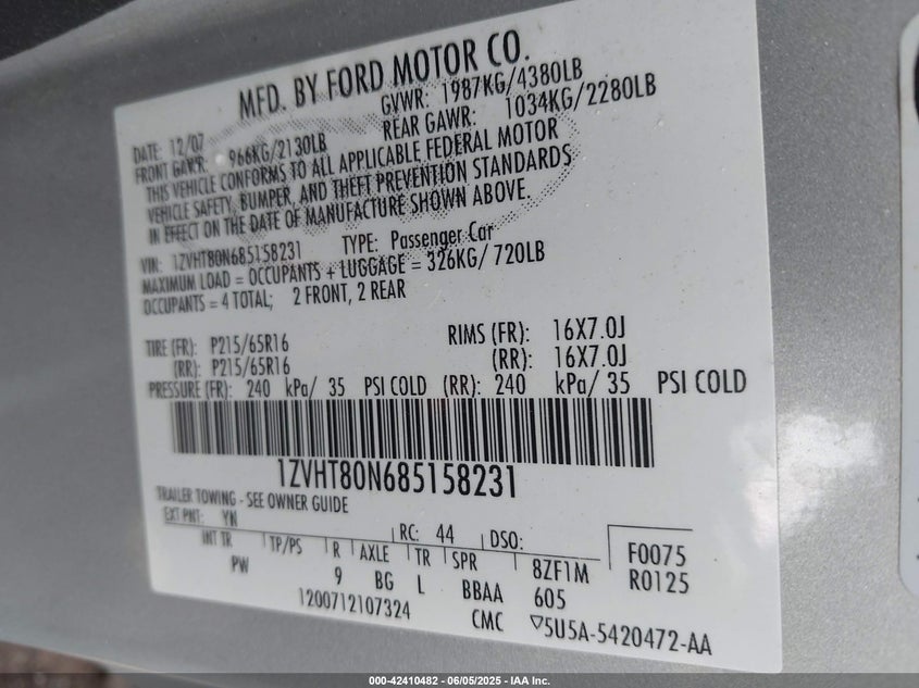 2008 FORD MUSTANG VIN: 1ZVHT80N685158231