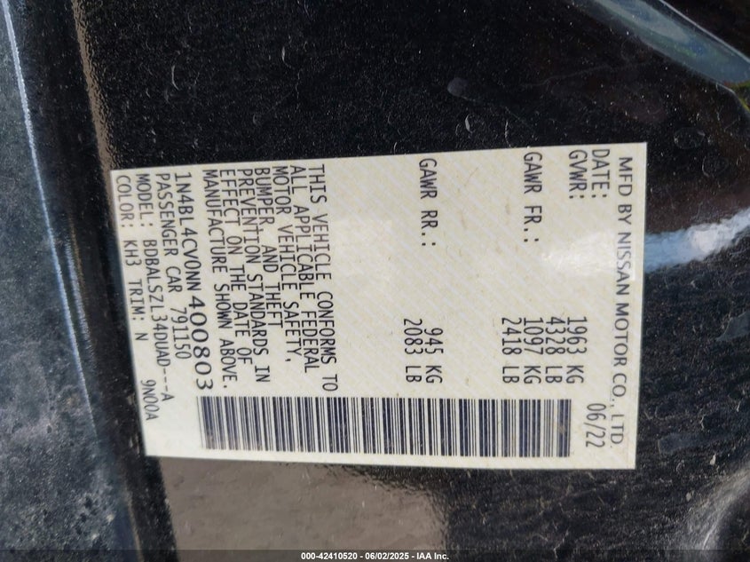2022 NISSAN ALTIMA VIN: 1N4BL4CV0NN400803