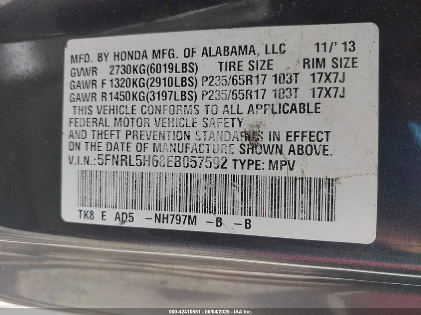 2014 HONDA ODYSSEY EX-L - 5FNRL5H68EB057592