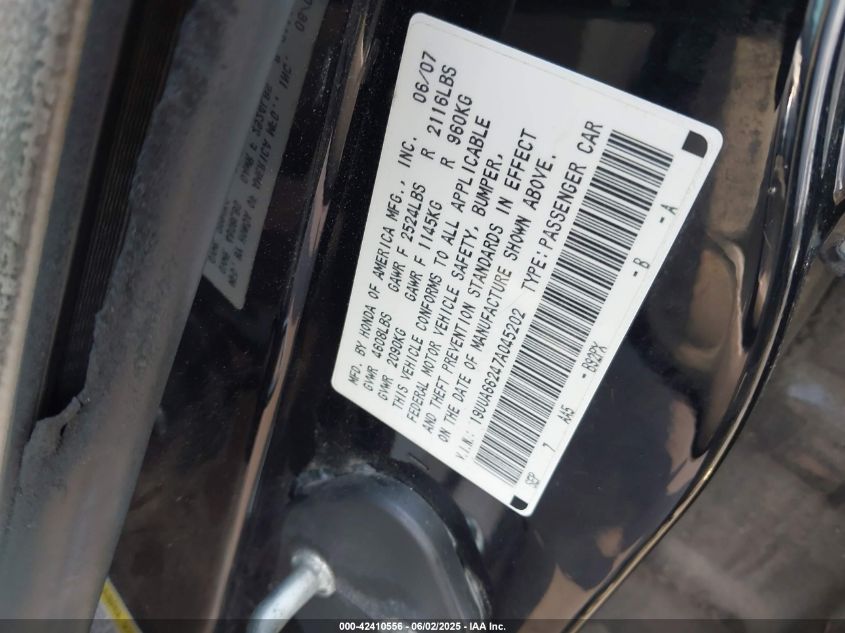 2007 Acura Tl 3.2 VIN: 19UUA66247A045202 Lot: 42410556