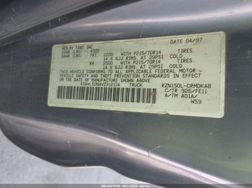 1997 Toyota Tacoma VIN: 4TAVL52N4VZ312114 Lot: 42410750
