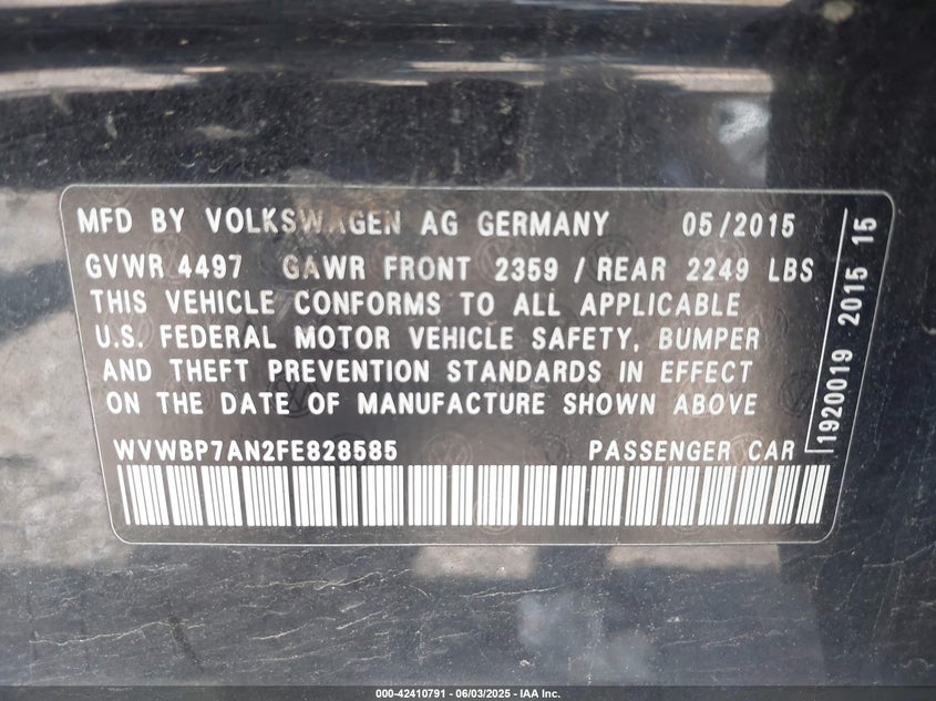 2015 VOLKSWAGEN CC VIN: WVWBP7AN2FE828585