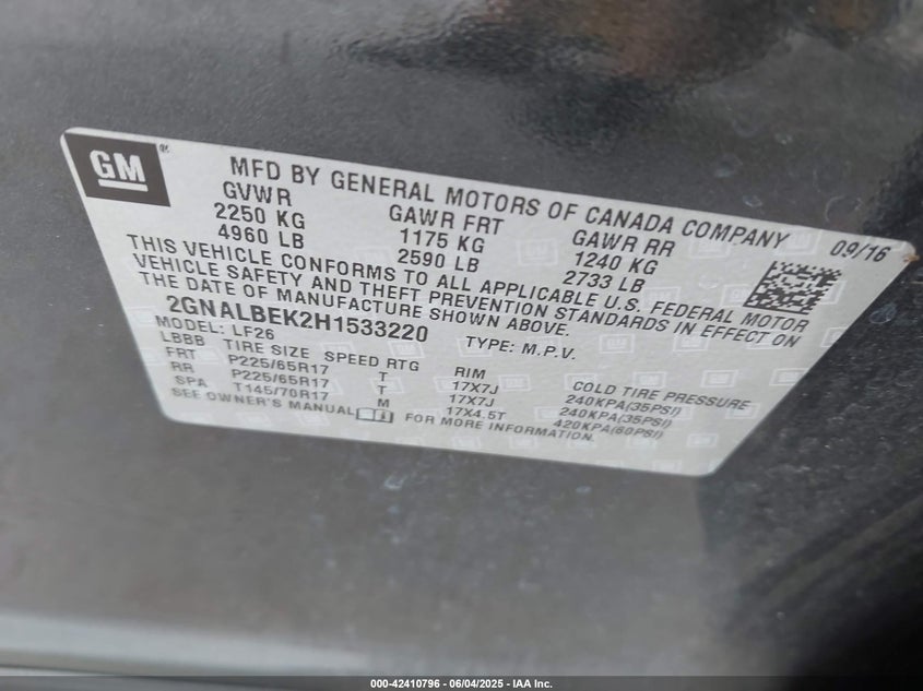 2017 CHEVROLET EQUINOX VIN: 2GNALBEK2H1533220