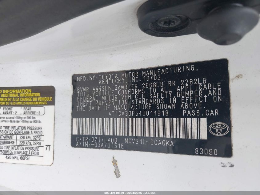 2004 Toyota Camry Solara Se Sport V6/Se V6/Sle V6 VIN: 4T1CA30P54U011918 Lot: 42410859