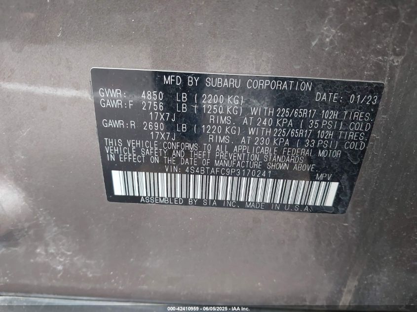 2023 Subaru Outback Premium VIN: 4S4BTAFC9P3170241 Lot: 42410959