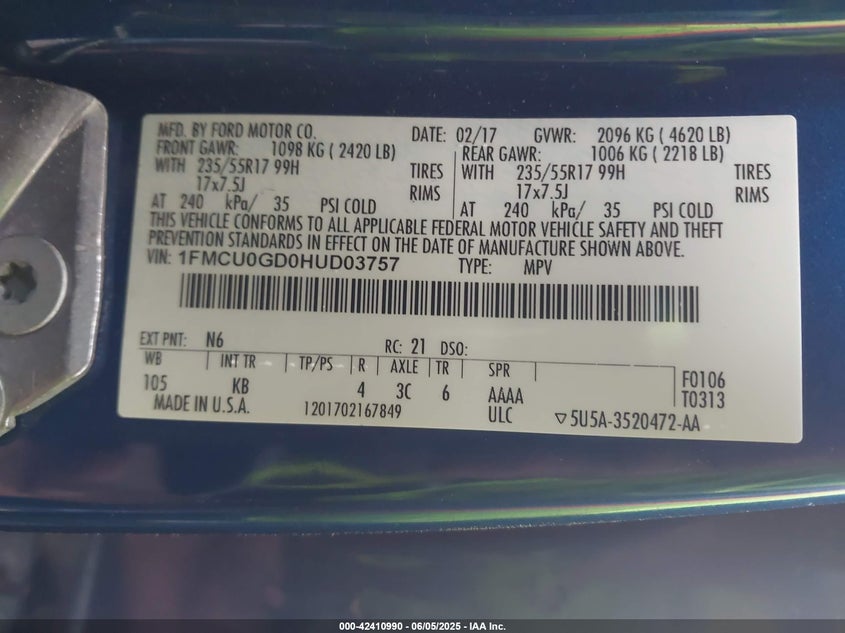 2017 FORD ESCAPE VIN: 1FMCU0GD0HUD03757