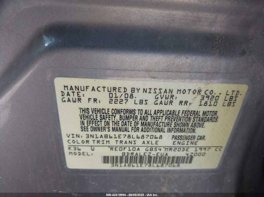 2008 Nissan Sentra VIN: 3N1AB61E7BL687068 Lot: 42410994