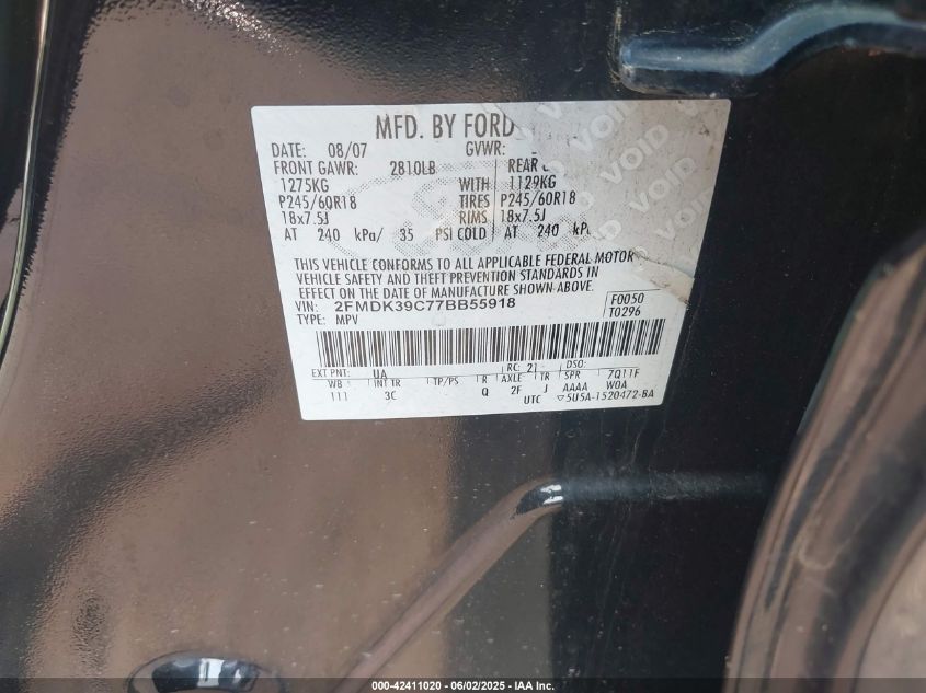 2007 Ford Edge Sel Plus VIN: 2FMDK39C77BB55918 Lot: 42411020