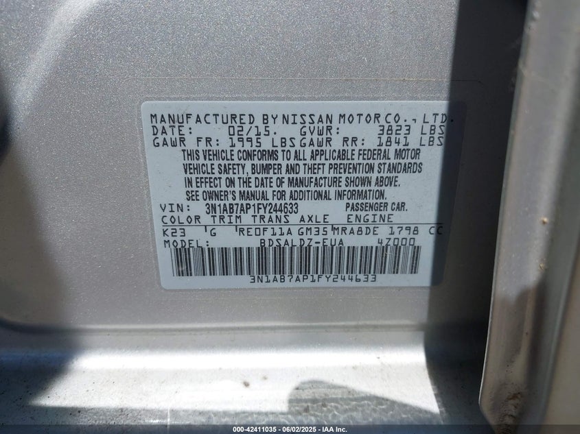 2015 NISSAN SENTRA VIN: 3N1AB7AP1FY244633